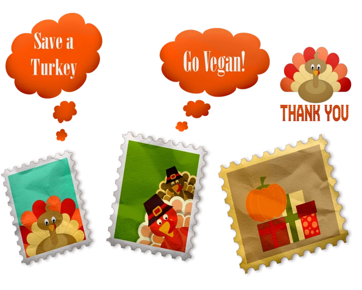 a group of stamps with the words save a turkey, go vega, thank you, a picture, by Susan Heidi, trending on pixabay, digital art, on a dark background, edible, eco, felt