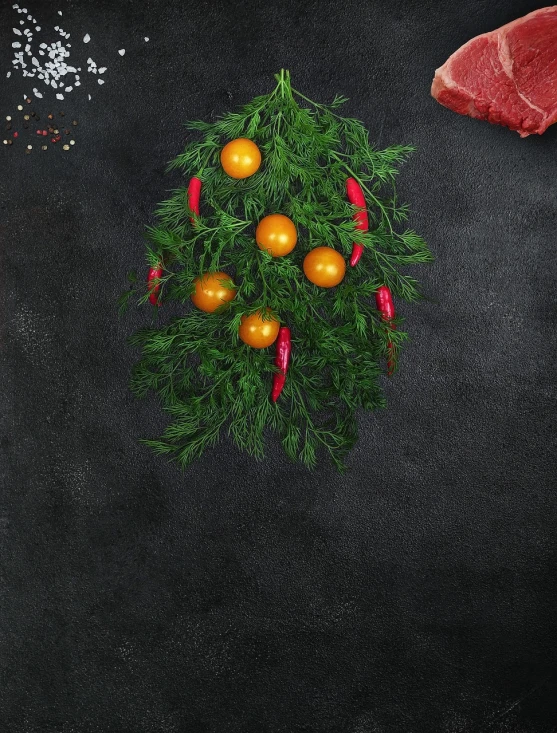 a christmas tree made out of oranges and spices, concept art, realism, bacon lettuce and tomatos, high quality product image”, on a dark rock background, high quality product photo