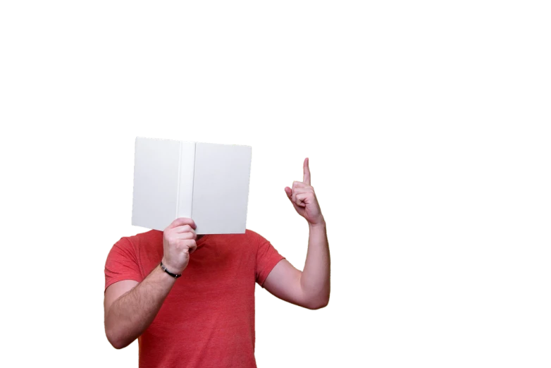 a man holding a book in front of his face, figuration libre, pointing index finger, meme template, standing with a black background, background is white and blank