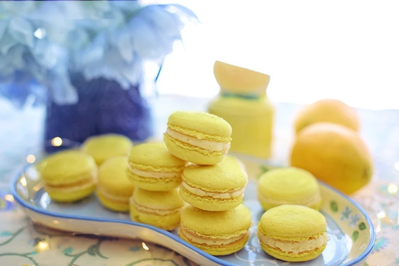 a plate that has a bunch of macarons on it, by Rhea Carmi, with lemon skin texture, blue and yellow theme, shallow dof, food blog photo