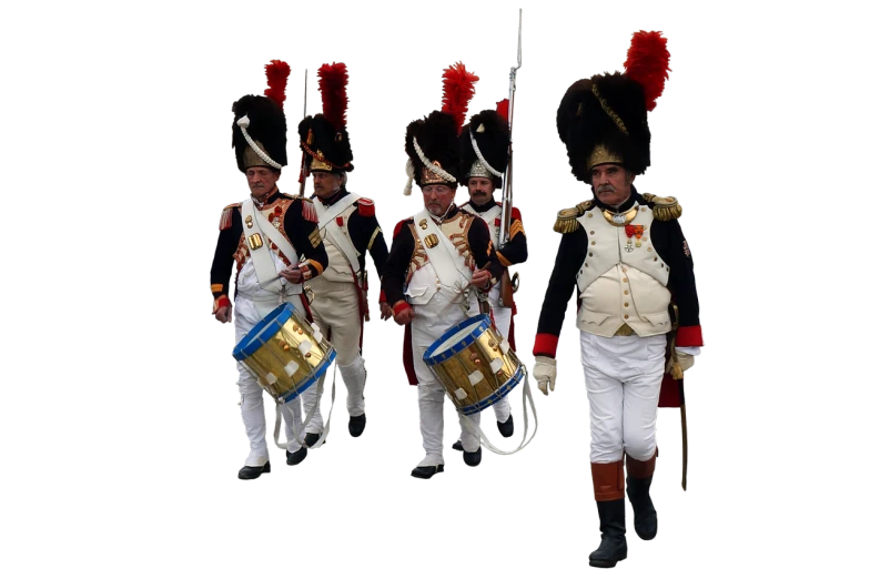 a group of men in uniforms standing next to each other, a colorized photo, inspired by Horace Vernet, figuration libre, drums, !8k!, high details!, 2017