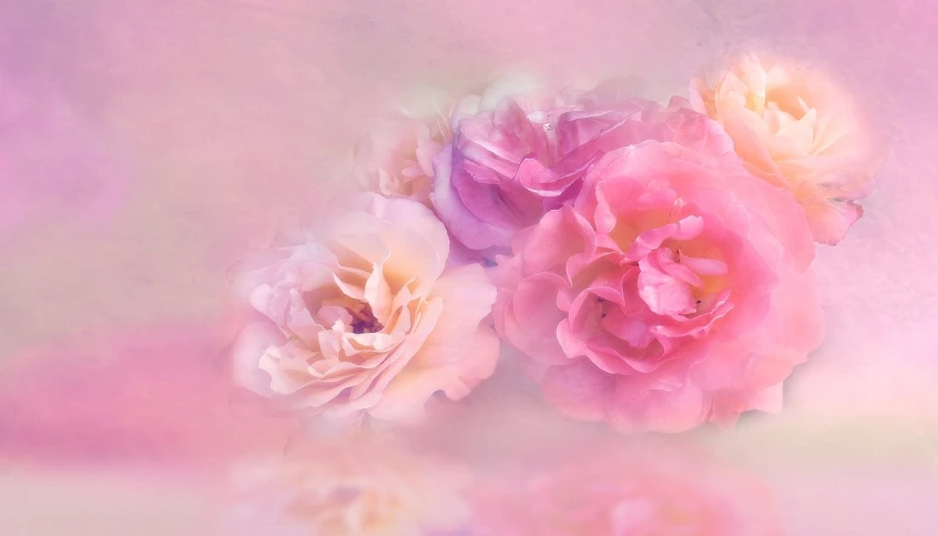a bunch of flowers sitting on top of a table, a digital painting, romanticism, pastel roses, background image, flowing pink-colored silk, esthetic photo