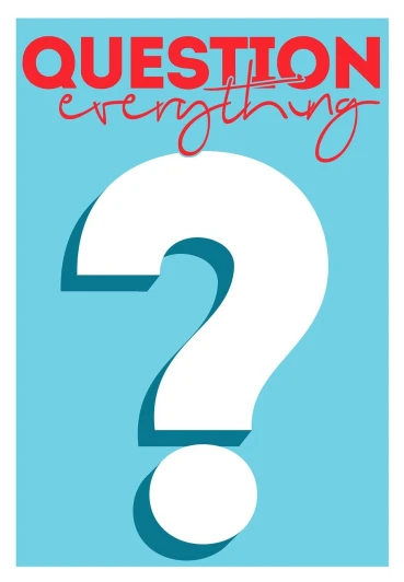 a poster with a question mark on it, a poster, by David Burton-Richardson, trending on shutterstock, happening, my little everything, 1128x191 resolution, red and cyan theme, cory chase