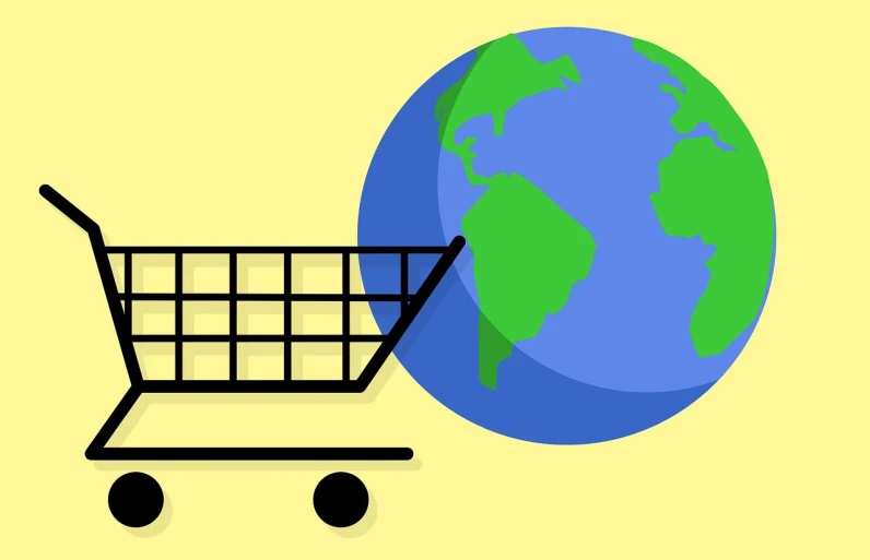 a shopping cart with a globe in the background, pixabay, modernism, flat illustration, shelf, marketing photo, stock photo