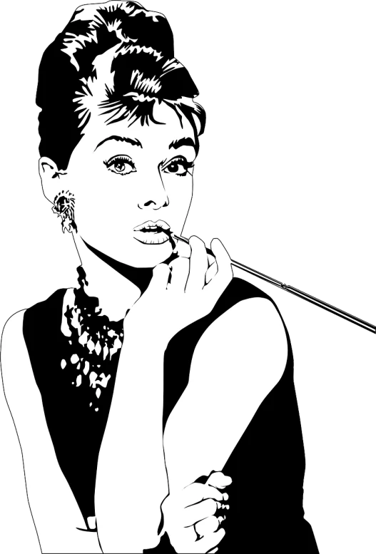 a drawing of a woman smoking a cigarette, vector art, trending on pixabay, pop art, looks like audrey hepburn, black on white line art, from a movie scene, stunning screenshot