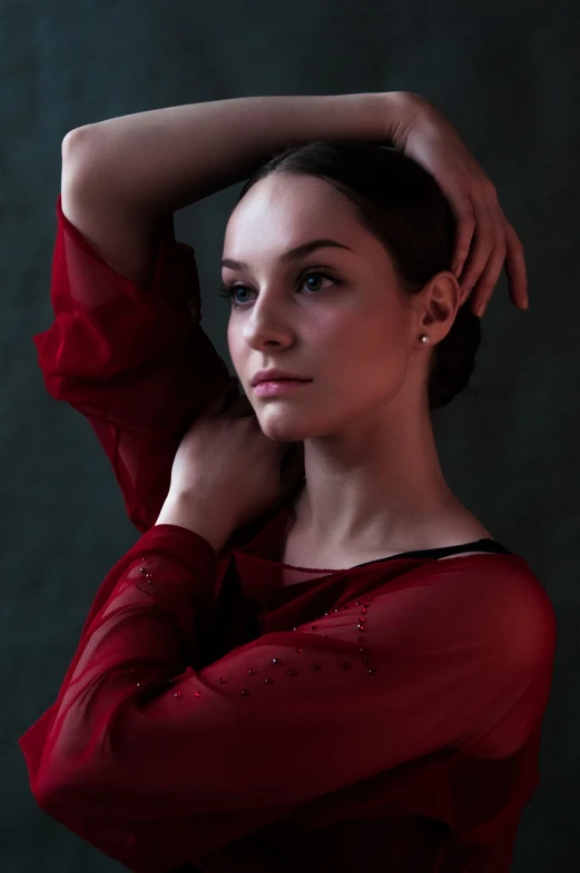 a woman in a red dress posing for a picture, a portrait, by Elizabeth Polunin, trending on cg society, arabesque, close up half body shot, natali portman, andrea savchenko, peaceful and graceful