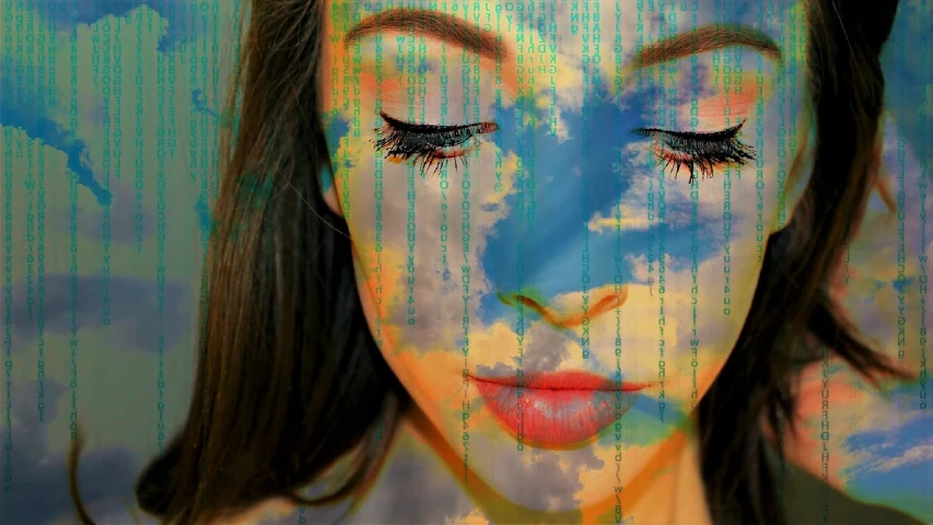 a close up of a woman's face with eyes closed, digital art, tumblr, digital art, psychedelic clouds, glitches in reality, woman's face looking off camera, face in the clouds