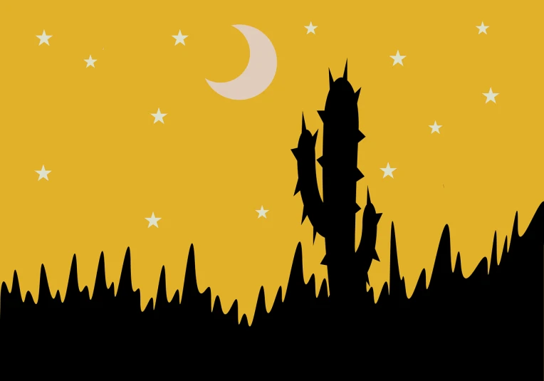 a silhouette of a cactus plant with the moon in the background, concept art, inspired by Michael Deforge, romanticism, golden cityscape, clipart, soul eater, wild west background