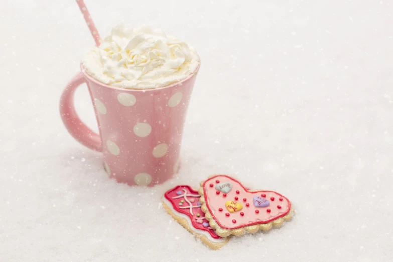 a cup of coffee and a cookie in the snow, a picture, pink and pink details, 4k high res, cute:2, milkshake