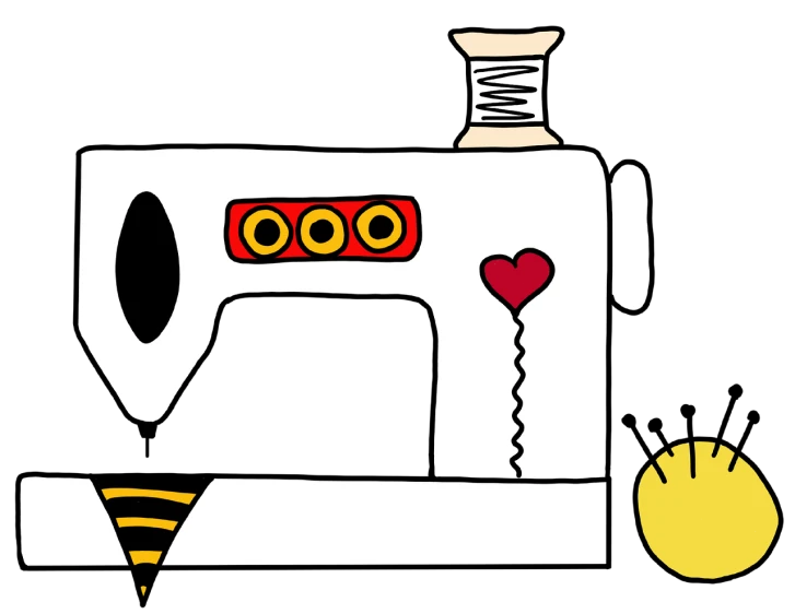 a drawing of a sewing machine with a heart on it, a screenshot, inspired by Roy Lichtenstein, pixabay contest winner, black backround. inkscape, banner, [[fantasy]], digital art - n 9