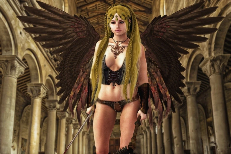 a woman dressed as an angel holding a sword, digital art, inspired by Master of the Legend of Saint Lucy, gothic art, extremely detailed goddess shot, in a large cathedral, a sexy blonde warrior, 3 d goddess minerva