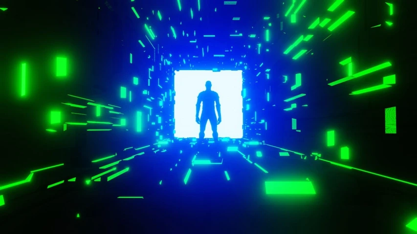 a man that is standing in the middle of a tunnel, a hologram, inspired by Mike Winkelmann, light and space, matte background. unreal engine, green neon, bursting with blue light, silhouette of a man