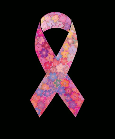 a pink flowered ribbon on a black background, an illustration of, hurufiyya, awareness, various colors, high res photo