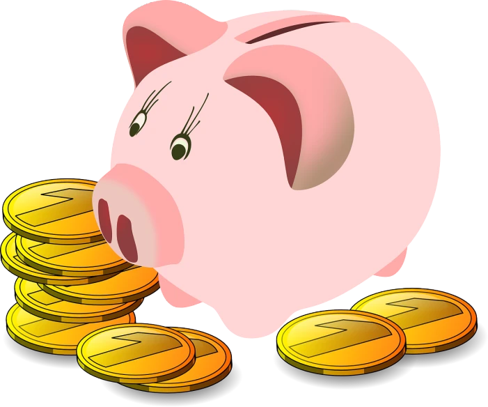a piggy bank sitting next to a pile of coins, by Ivan Mrkvička, clipart, low res, splento, ham