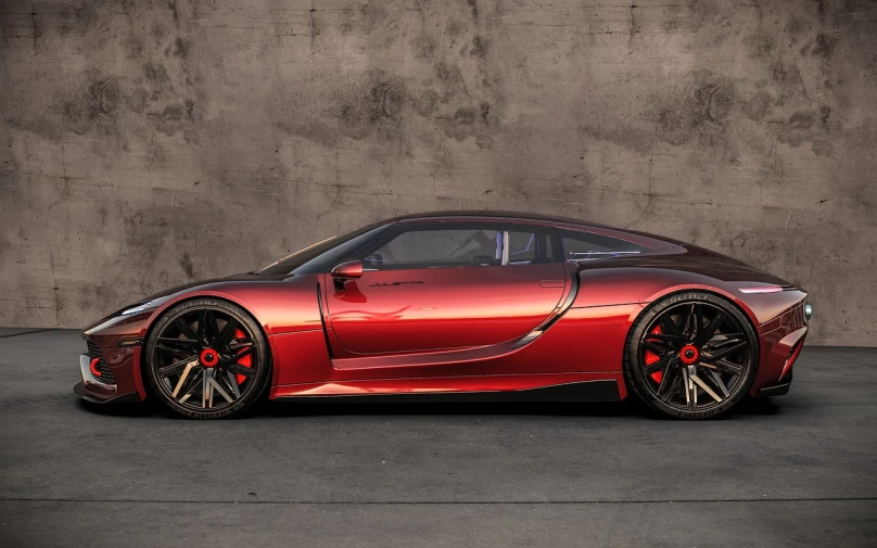 a red sports car parked in front of a concrete wall, a 3D render, inspired by Bernardo Cavallino, trending on zbrush central, art nouveau, chiron, a tvr sagaris, side perspective, hyper real render