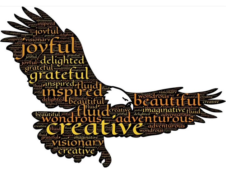 a picture of a bird with words all over it, a picture, trending on pixabay, arts and crafts movement, awesome greate composition, eagle wings, bountiful crafts, is a stunning