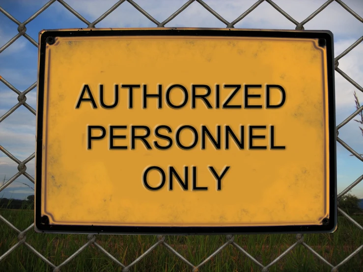 a yellow and black sign that says authorized personnel only, a portrait, pexels, conceptual art, 2 0 s, fence, entire person!, highly realistic”