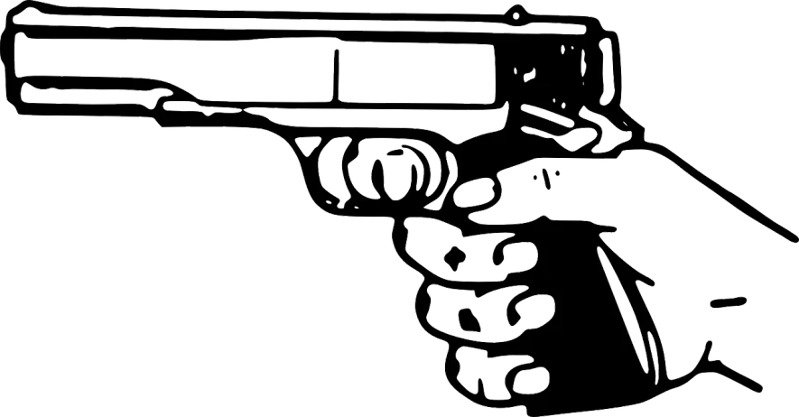 a black and white drawing of a hand holding a gun, vector art, pixabay, figuration libre, holding gun down, [ digital art ]!!, side view close up of a gaunt, transparent background