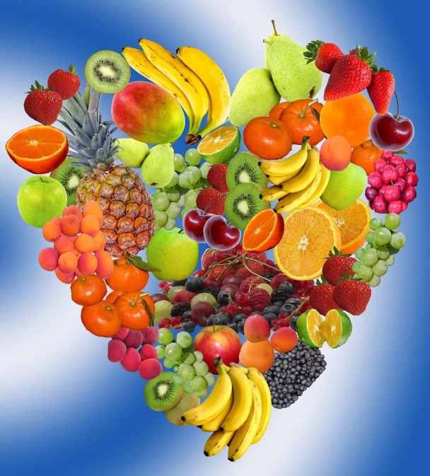 a heart made out of fruits and vegetables, a photo, full color still, full of colour 8-w 1024, fuzzy, fully body photo