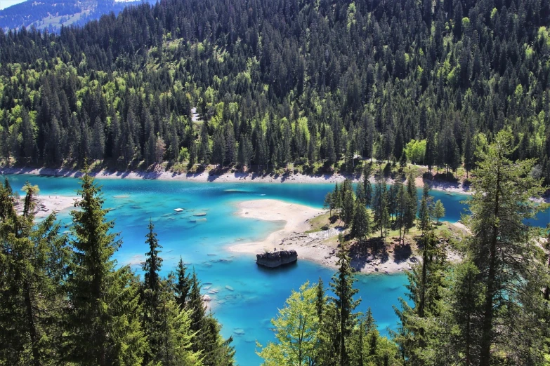 a large body of water surrounded by trees, a photo, by Cedric Peyravernay, shutterstock, hurufiyya, sapphire waters below, alpes, very very very very beautiful!!, turqouise