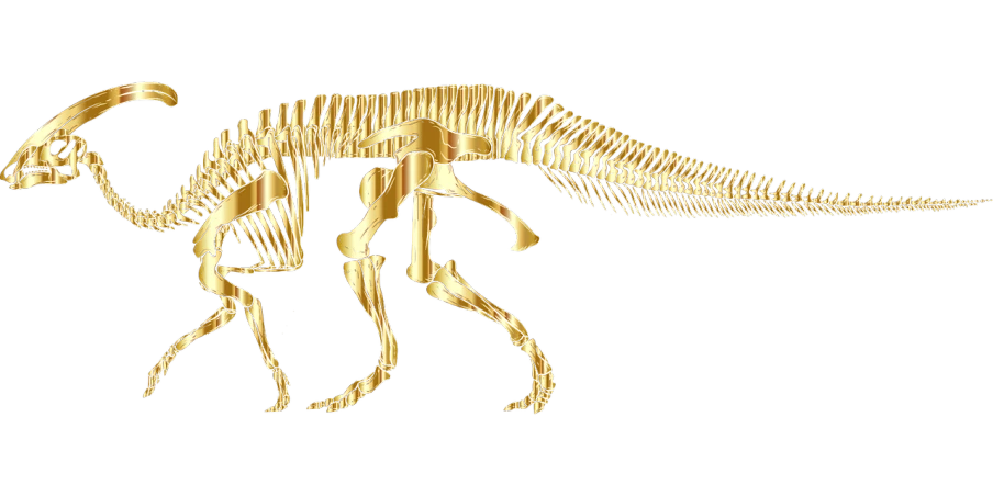a gold dinosaur skeleton on a black background, inspired by Adam Rex, pixabay contest winner, generative art, alosaurus, ultrafine detail ”, in the art style of quetzecoatl, 20k