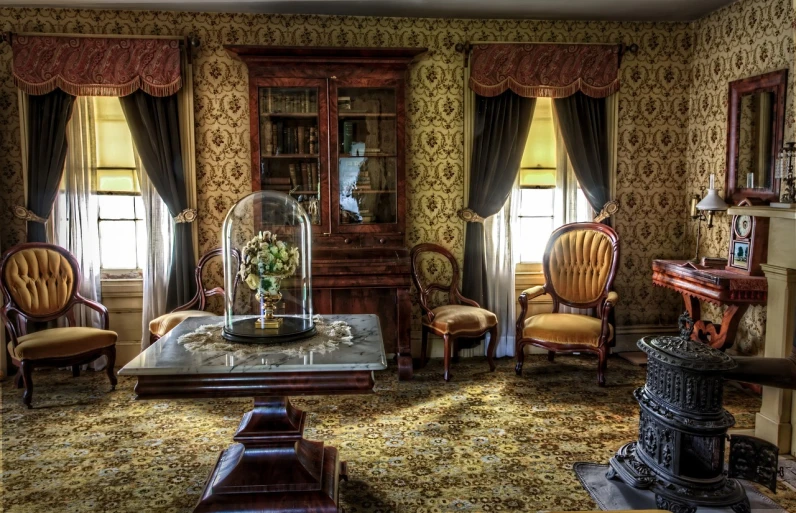 a living room filled with furniture and a fire place, inspired by Francisco Oller, pixabay, baroque, yellowing wallpaper, glass domes, victorian dress, home setting