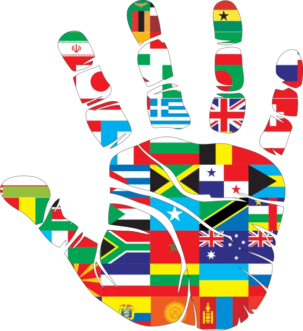 a hand with the flags of different countries painted on it, an illustration of, fine art, cutout, black, h. u. d, culture