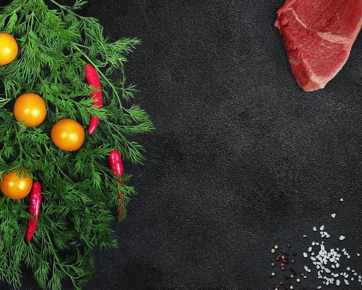 a bunch of food that is on a table, a stock photo, realism, background image, beef, vegetable foliage, the background is black