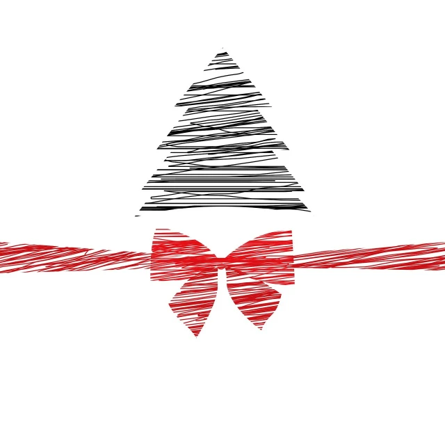 a drawing of a christmas tree with a red ribbon, a picture, ultra sharp lines, minimalist illustration, scribbled lines, bow tie