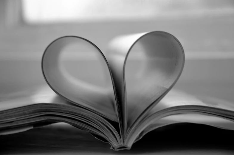 a heart shaped book sitting on top of a table, a picture, by Mathias Kollros, bw photo, flowing book pages, closeup photo, read a directory book