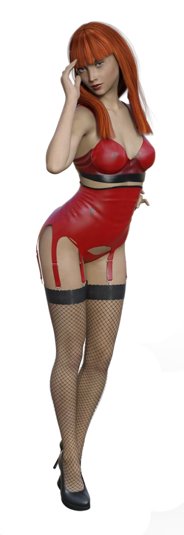 a woman in a red dress posing for a picture, a 3D render, inspired by Constance Gordon-Cumming, trending on polycount, dada, leather stockings, bottom body close up, garter belt, fishnet