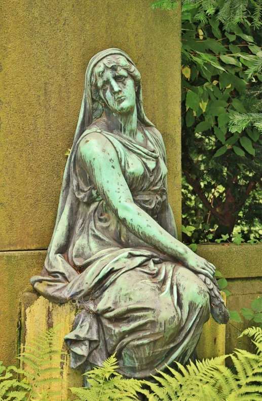 a statue of a woman sitting on a bench, inspired by E. Charlton Fortune, flickr, gothic art, sickly green colors, tomb, detailed zoom photo, in the style of hans thoma