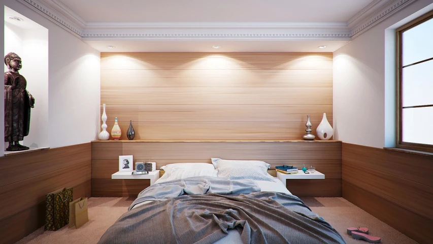 a bed room with a neatly made bed, by Bernard D’Andrea, pexels, sunken recessed indented spots, wood effect, elegant sleek smooth body, perfect lighting