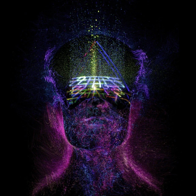 a man with glowing glasses on his head, digital art, electric aura with particles, electric woman, perspective shot, in style of 80s sci-fi art