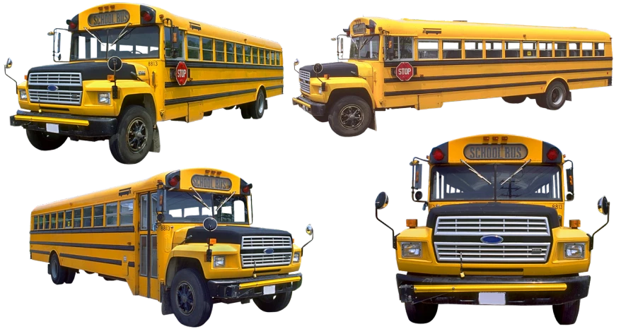 four yellow school buses side by side on a black background, by Wayne England, pixabay, digital art, front back view and side view, photo taken in 1989, goat, full subject shown in photo