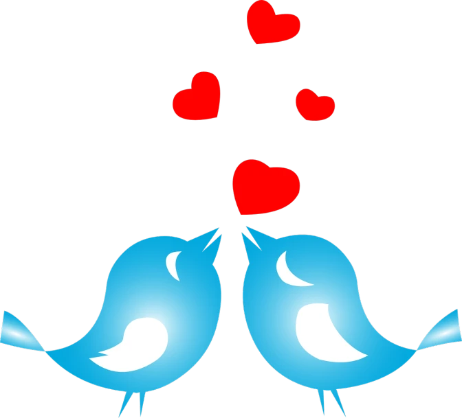 a couple of birds standing next to each other, a digital rendering, by Ella Guru, pixabay, hurufiyya, kissing together cutely, on black background, several hearts, blue