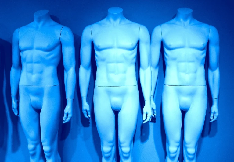 a group of mannequins standing next to each other, by Matija Jama, flickr, neo-figurative, blue color theme, bodybuilder body, 3 - piece, tom cruise torso