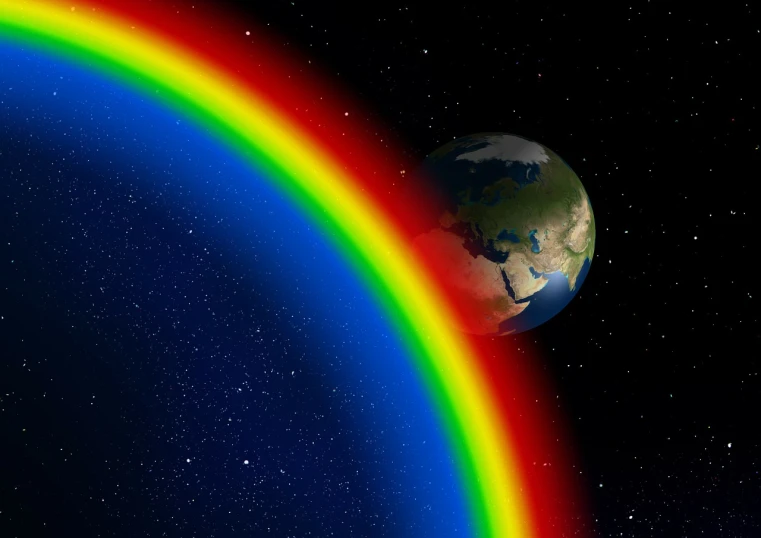 a view of the earth with a rainbow in the sky, an illustration of, closeup photo, full subject shown in photo, illustration”, radiation