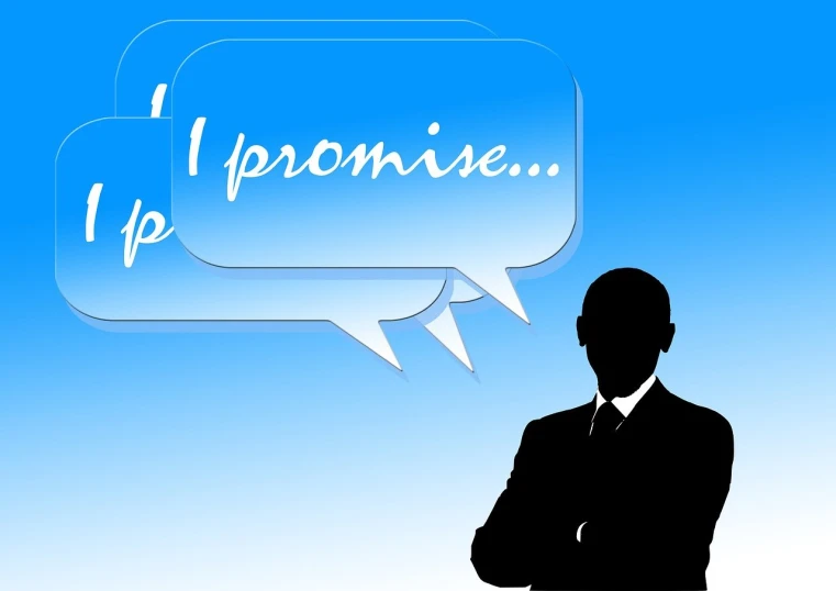 a silhouette of a man in a suit and tie, a screenshot, by Primrose Pitman, pixabay, speech bubbles, promised land, with a blue background, crisp clear resolution