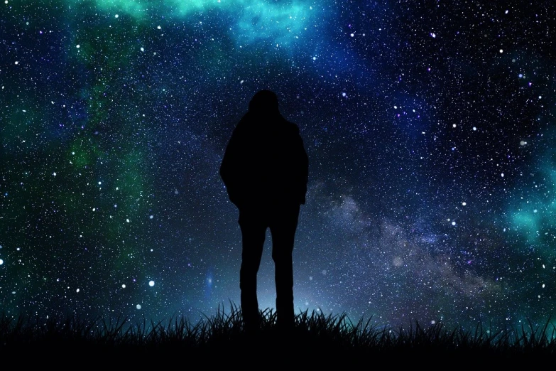 a person standing on top of a grass covered field, a picture, digital art, background of stars and galaxies, black silhouette, human staring blankly ahead, full body close-up shot