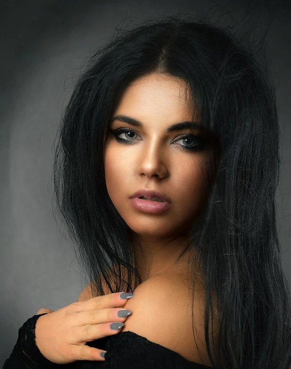 a woman with long black hair posing for a picture, a portrait, by Zofia Stryjenska, pixabay contest winner, tanned beauty portrait, professional retouch, lush unkempt black hair, ukrainian girl