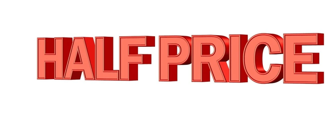 a red half price sign on a white background, a digital rendering, by Phillip Peter Price, private press, selfie photo, gipf project, 3 d logo, lo fi