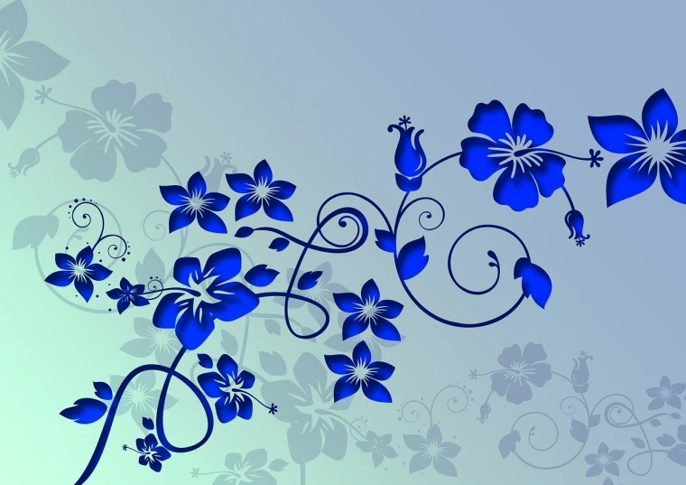 a bunch of blue flowers on a blue background, vector art, inspired by Samuel Silva, vines and blue foliage, 4 k hd wallpaper illustration, silver and blue colors, ink flourishes