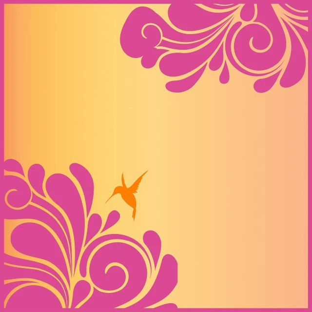 a bird that is flying in the sky, vector art, inspired by Hirosada II, flickr, arabesque, pink and orange colors, flower frame, relaxed. gold background, background image