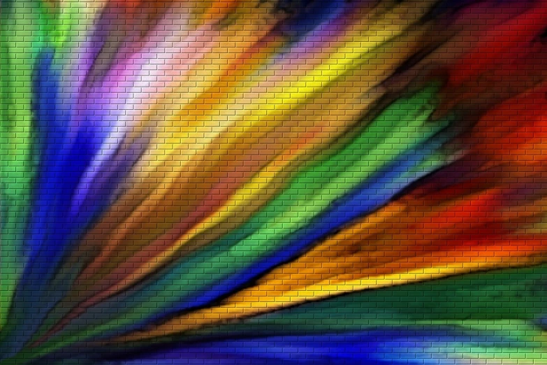 a close up of a colorful abstract painting, a mosaic, inspired by Morris Louis Bernstein, airbrush digital oil painting, fractal feathers, painted on a brick wall, digital art - n 5