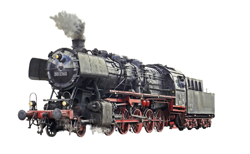 a close up of a train on a train track, a digital rendering, by Jürg Kreienbühl, pixabay contest winner, steam engine, on black background, preserved historical, side profile view