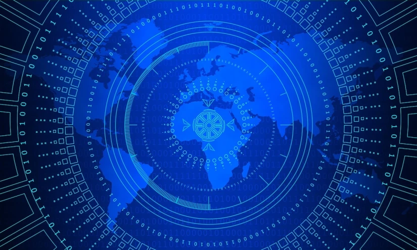 a computer screen with a world map on it, by Robert Jacobsen, digital art, concentric circles, rich blue color, vector background, background image