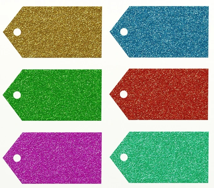 glitter gift tags on a white background, a photo, pixabay, pop art, solid colors, wide screenshot, highres, 19th-century