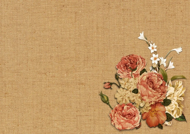 a bunch of flowers sitting on top of a brown surface, a digital rendering, trending on pixabay, renaissance, burlap, background image, vintage - w 1 0 2 4, rose background