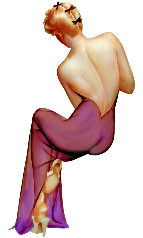 a painting of a woman sitting on a stool, a digital painting, inspired by Alberto Vargas, featured on zbrush central, figurative art, purple cloth, lower back of a beautiful, diaphanous translucent cloth, 7 0 mm. digital art